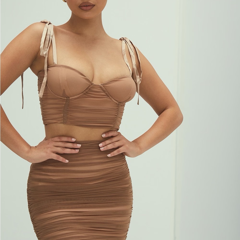 House of CB Brown Ruched Bra and Skirt Set